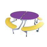 TABLE AND SEATING UNITS, 8 - 12 SEAT OVAL GRADUATE BENCH UNIT, Table Top Purple, Yellow Bench, 660mm height