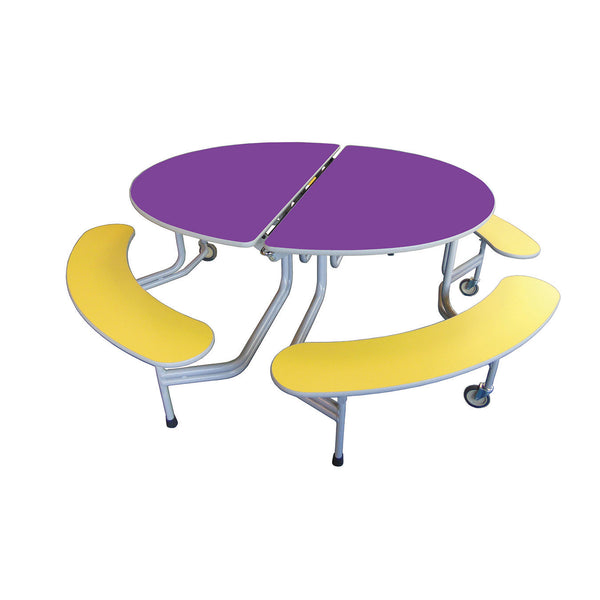 TABLE AND SEATING UNITS, 8 - 12 SEAT OVAL GRADUATE BENCH UNIT, Table Top Purple, Yellow Bench, 740mm height