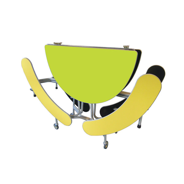 TABLE AND SEATING UNITS, 8 - 12 SEAT OVAL GRADUATE BENCH UNIT, Table Top Lime Green, Yellow Bench, 740mm height
