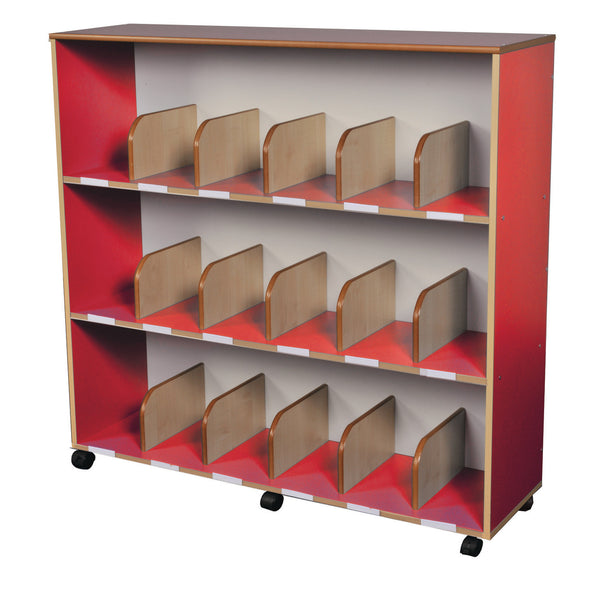 MAPLE EFFECT & PRIMARY COLOUR RANGE, BOOKCASE WITH DRY WIPE BACK, Red with Maple Dividers