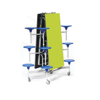 TABLE AND SEATING UNITS, 12 SEAT RECTANGULAR TABLES, Table Top Lime Green, Blue Seats, 690mm height