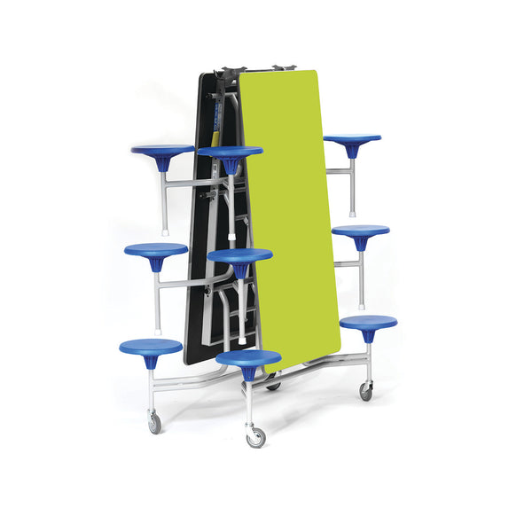 TABLE AND SEATING UNITS, 12 SEAT RECTANGULAR TABLES, Table Top Lime Green, Blue Seats, 740mm height