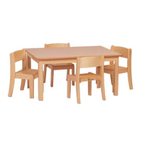 WOODEN TABLES AND CHAIRS, RECTANGULAR TABLE AND 4 BEECH STACKING CHAIRS, Table 400mm, Chair 210mm