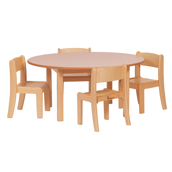 CIRCULAR TABLE & 4 BEECH STACKING CHAIRS, Table 400mm, Chair 210mm