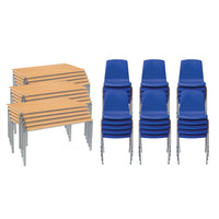 SMARTBUY, STACKING TABLES & CHAIRS CLASS PACK, RECTANGULAR, 1100 x 550mm depth, Sizemark 1 - 460mm height, Blue, 15 Tables & 30 Chairs