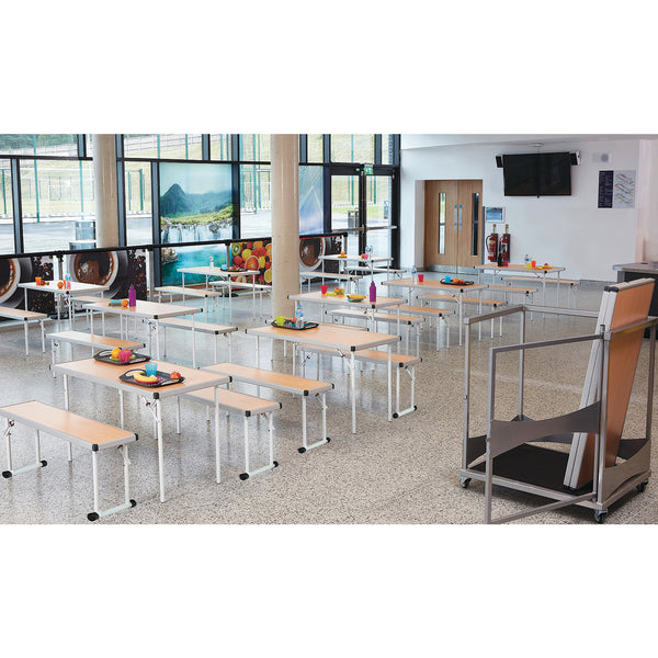 FAST FOLD TROLLEY SET, Table 1830 x 610 x 635mm height
Bench 1830 x 305 x 375mm height, White, 10 Tables & 20 Benches