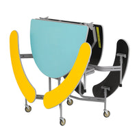 TABLE AND SEATING UNITS, 8 - 12 SEAT OVAL GRADUATE BENCH UNIT, Table Top Blue, Yellow Bench, 740mm height