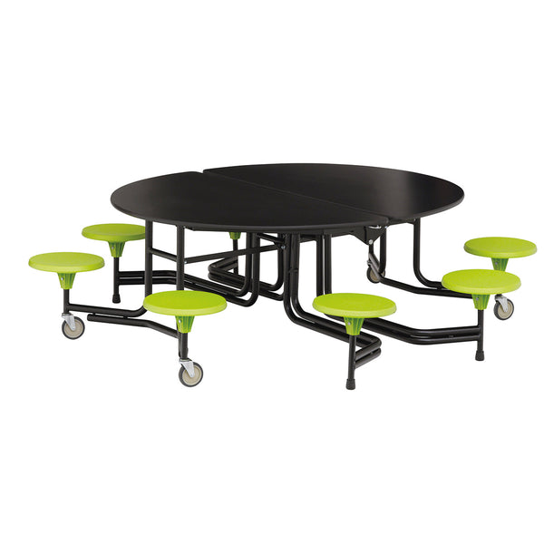 TABLE AND SEATING UNITS, 8 SEAT OVAL GRADUATE TABLE, Table Top Black, Lime Green Seats, 740mm height