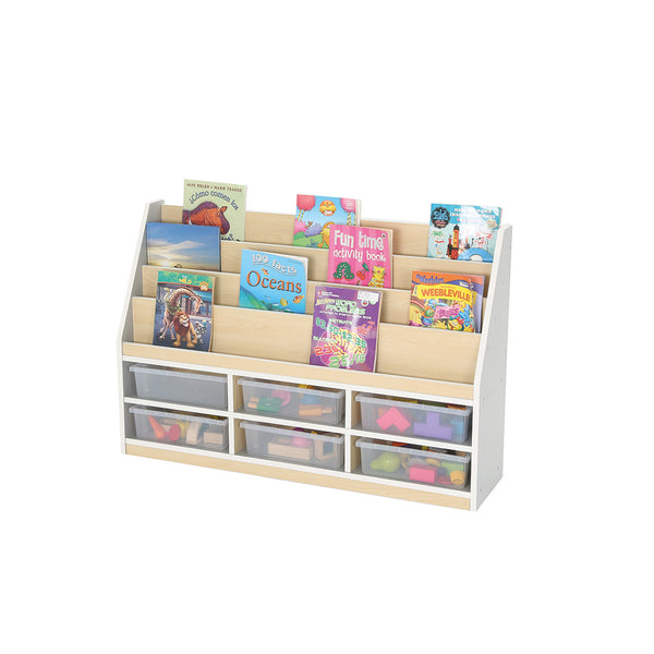 6 COMPARTMENT BOOK STORAGE & 6 SMALL CLEAR TRAYS, MODERN THRIFTY STORAGE RANGE