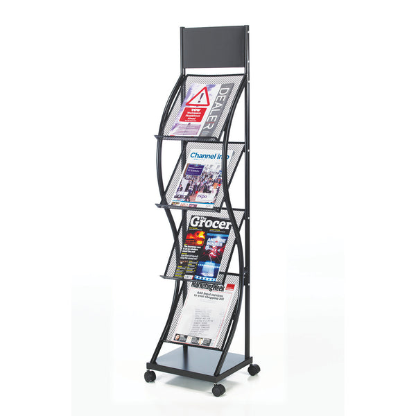 MESH LEAFLET AND BROCHURE DISPENSERS, Freestanding Mesh Brochure Dispenser, 4 x A4 Shelves, White