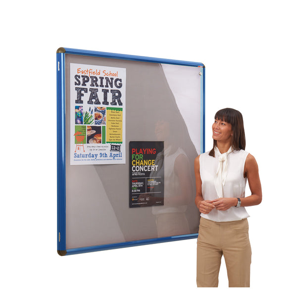 SHIELD TAMPERPROOF NOTICEBOARD, Blue Frame with Grey Cloth, 1800 x 1200mm