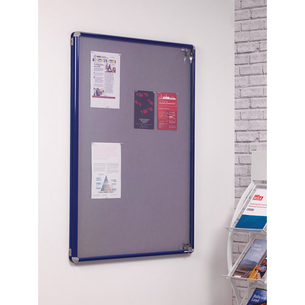 SMARTSHIELD FLAMESHIELD NOTICEBOARDS, Tamperproof, Single Door, 900 x 1200mm height, Blue Frame, Grey