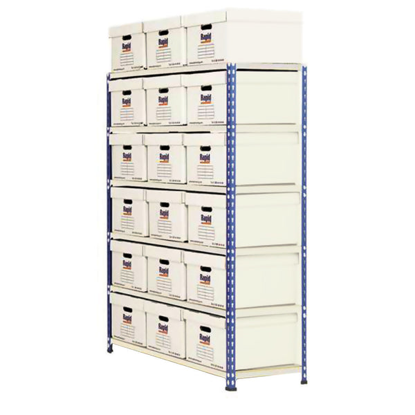 STEEL SHELVING, RAPID 1 HEAVY DUTY BOLTLESS SHELVING, 6 Level - With Archive Boxes, 915mm, 1800 (inc. top box) x 1120mm (hxw) - Max. UDL per shelf 350kg , 36 box double depth, Each