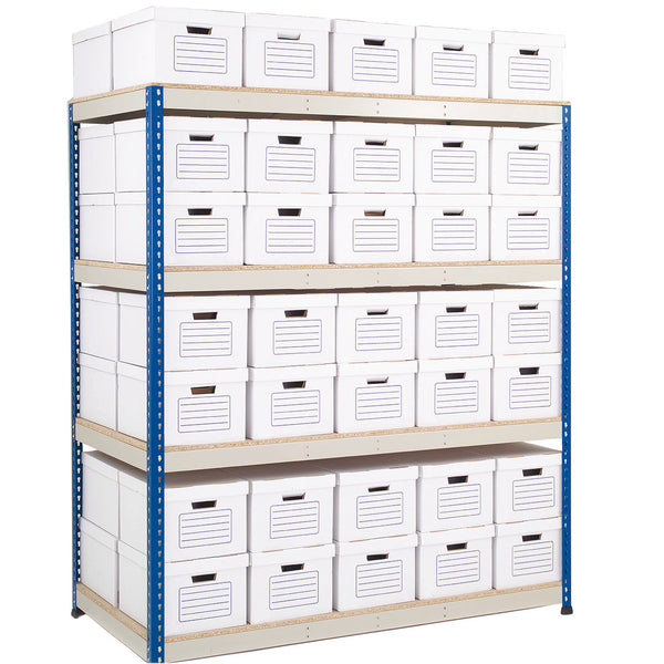 STEEL SHELVING, RAPID 1 HEAVY DUTY BOLTLESS SHELVING, With Archive Boxes, 915mm, 2375 (inc. top box) x 1830mm (hxw). Max. UDL per shelf 350kg., 70 box double depth, Each
